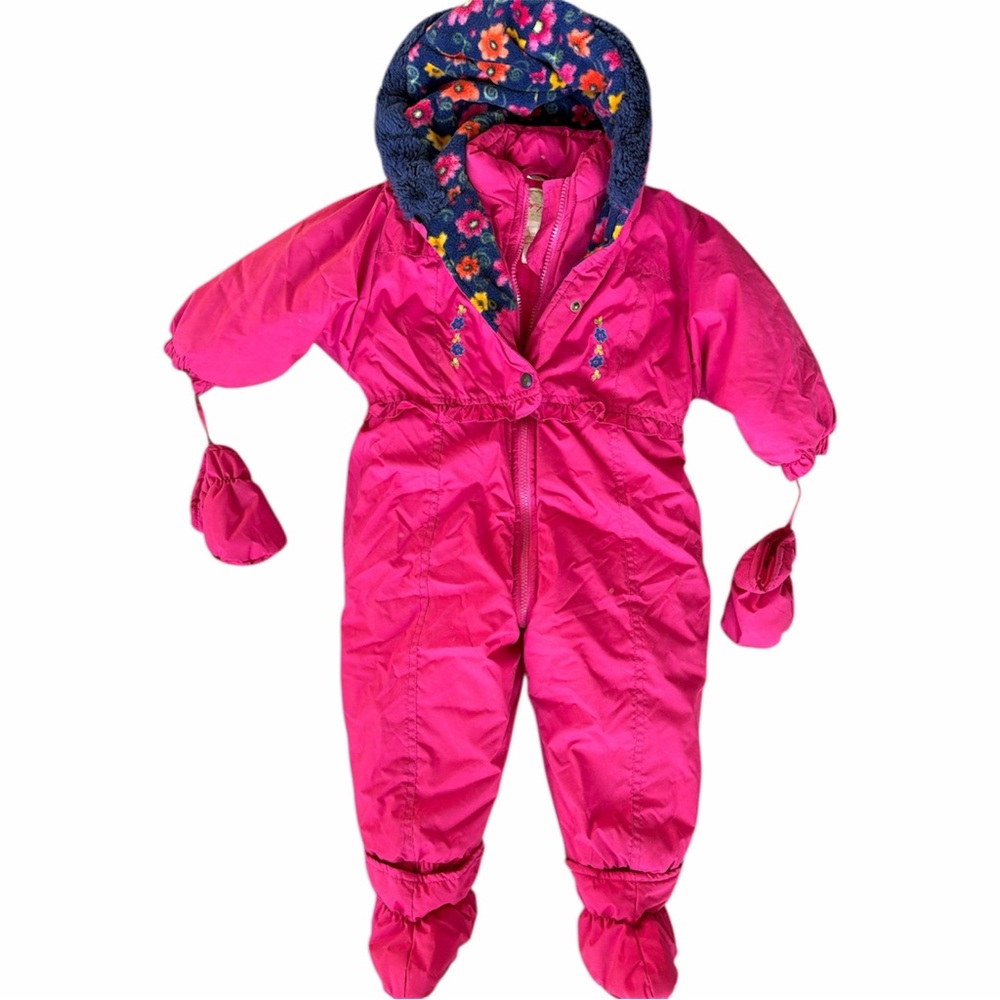 Vintage kids pink puffer snow suit with booties and mittens